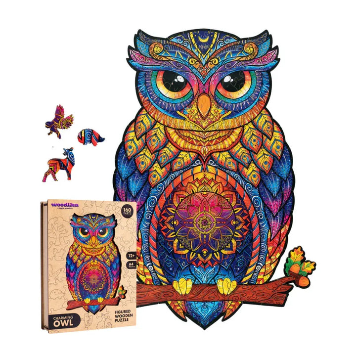 Buntes Holzpuzzle mit einem lebendigen Eulendesign, umgeben von kleinen Tierteilen und einer bezaubernden Schachtel. Insgesamt 160 Teile.