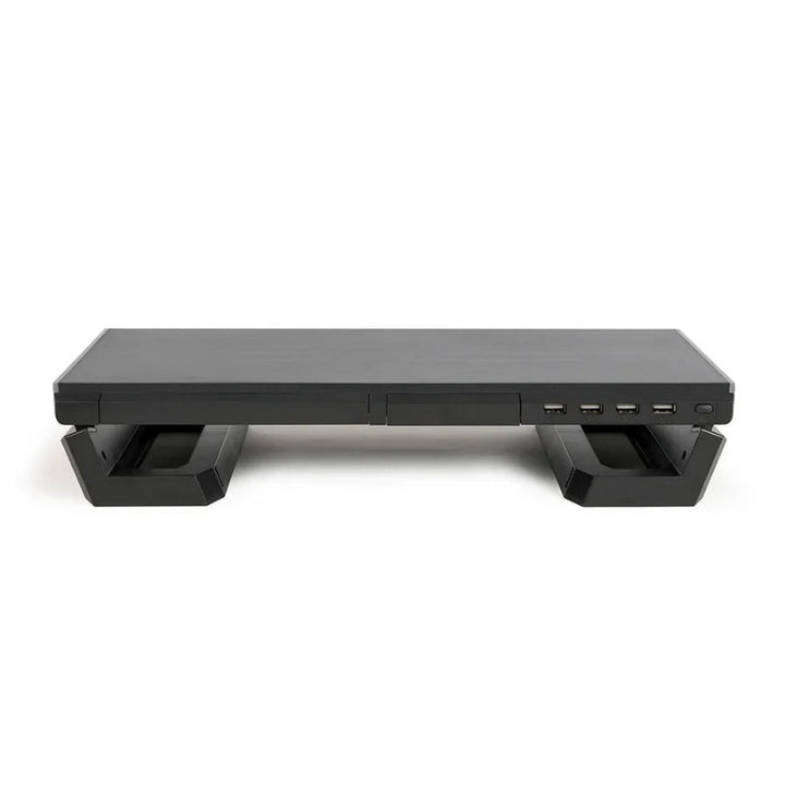 Ein eleganter schwarzer Monitorständer mit modernem Design, USB-Anschlüssen und erhöhten Winkelfüßen.