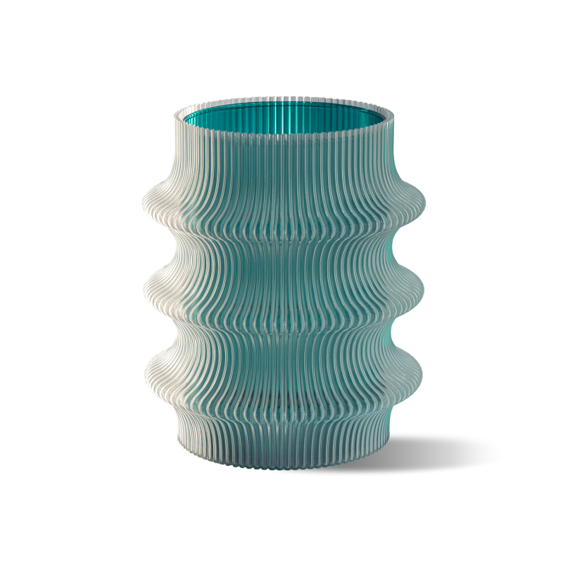 Eine moderne Vase mit wellenförmiger Textur in durchscheinendem Aquamarin und klaren Tönen mit einem einzigartigen skulpturalen Design.
