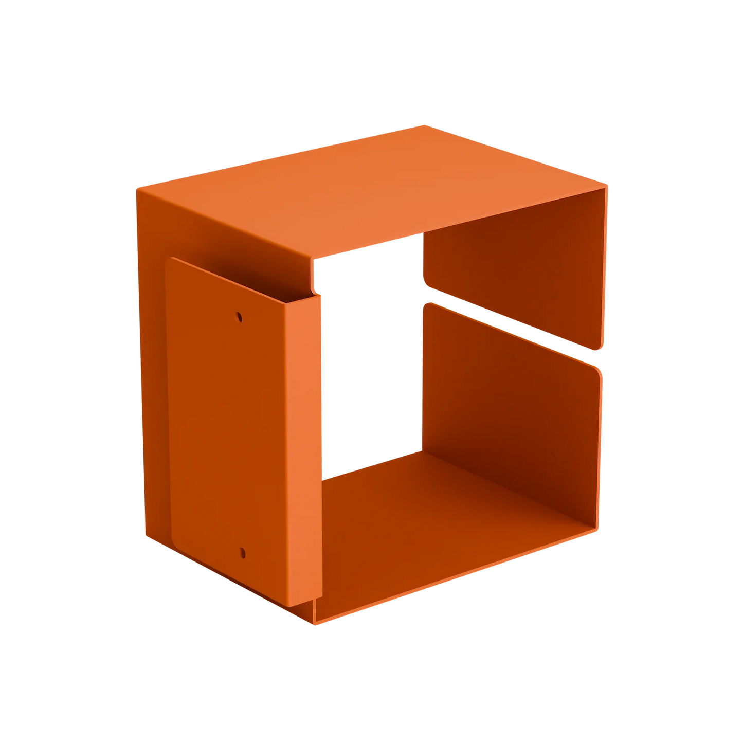 Ein moderner, orangefarbener Metallwürfel mit offener Mitte und ausgeschnittenen Seiten, der minimalistisches Design und Funktionalität betont.
