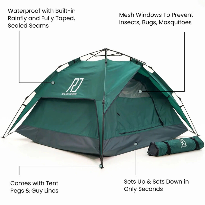 Ein grünes Zelt mit Netzfenstern, wasserdichtem Design und Schnellaufbaufunktionen, inklusive Aufbewahrungstasche und Zeltheringen.