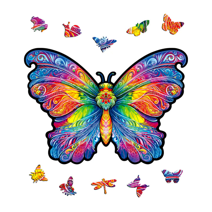 Ein leuchtend bunter Schmetterling mit kunstvollen Mustern, umgeben von kleineren Schmetterlingen in ähnlichen Farben.