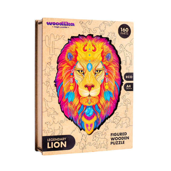 Bunte Puzzlebox aus Holz mit Löwenmotiv und 160 umweltfreundlichen Teilen, konzipiert für kreativen Spaß und Lernen.