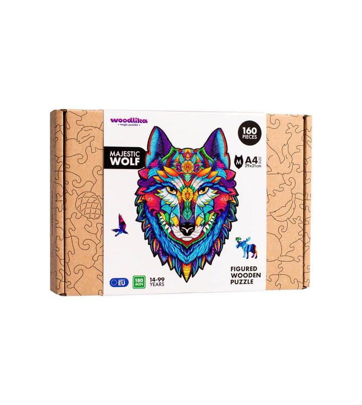 Bunte Puzzlebox aus Holz mit majestätischem Wolfsdesign, enthält 160 Teile und ist für Kinder im Alter von 14 bis 99 Jahren geeignet.