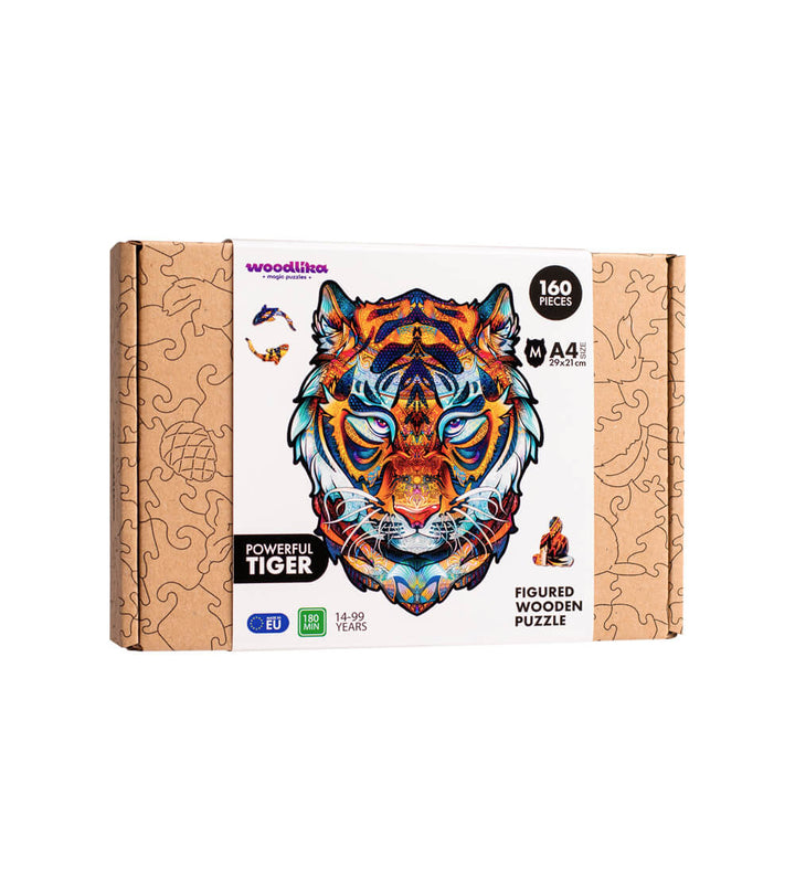 Bunte Holz-Puzzlebox mit kraftvollem Tiger-Motiv, 160 Teile, geeignet für Kinder ab 14 Jahren.